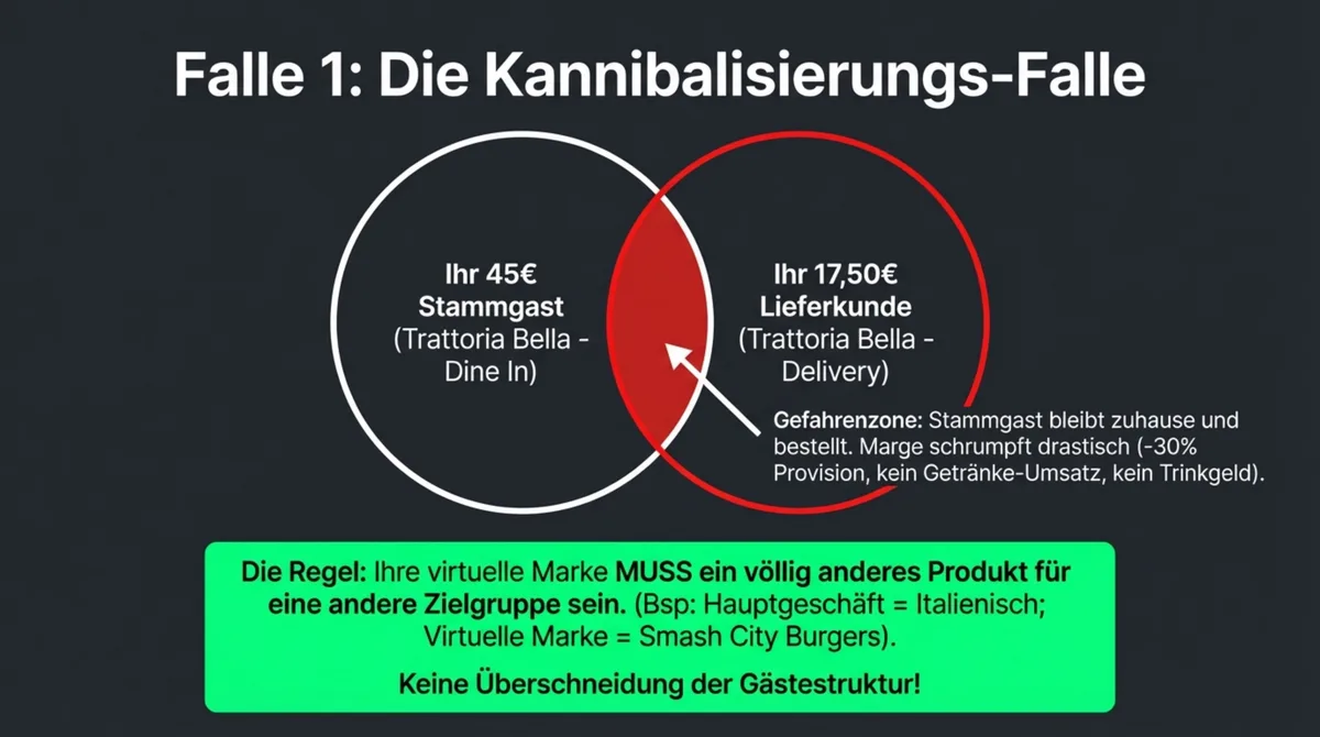 Dark Kitchen Kannibalisierungs-Falle: Stammgast kommt nicht mehr ins Restaurant sondern bestellt für 17,50 Euro statt 45 Euro Gastraum-Umsatz