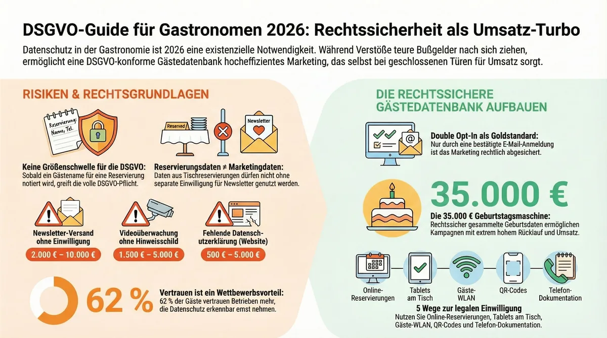 DSGVO-Guide für Gastronomen 2026 Infografik: Risiken, rechtssichere Gästedatenbank aufbauen und 5 Wege zur legalen Einwilligung