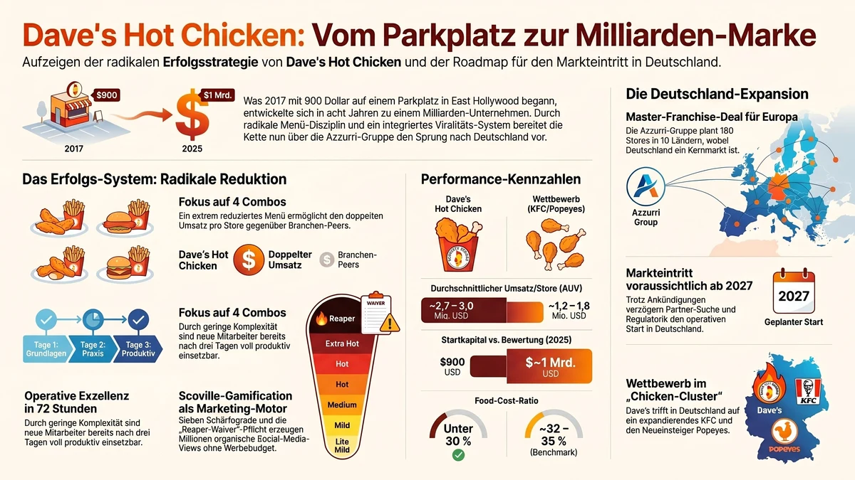 Dave's Hot Chicken Deutschland DACH-Rollout: Roark Capital Milliarden-Bewertung und Azzurri-Gruppe Europa-Deal