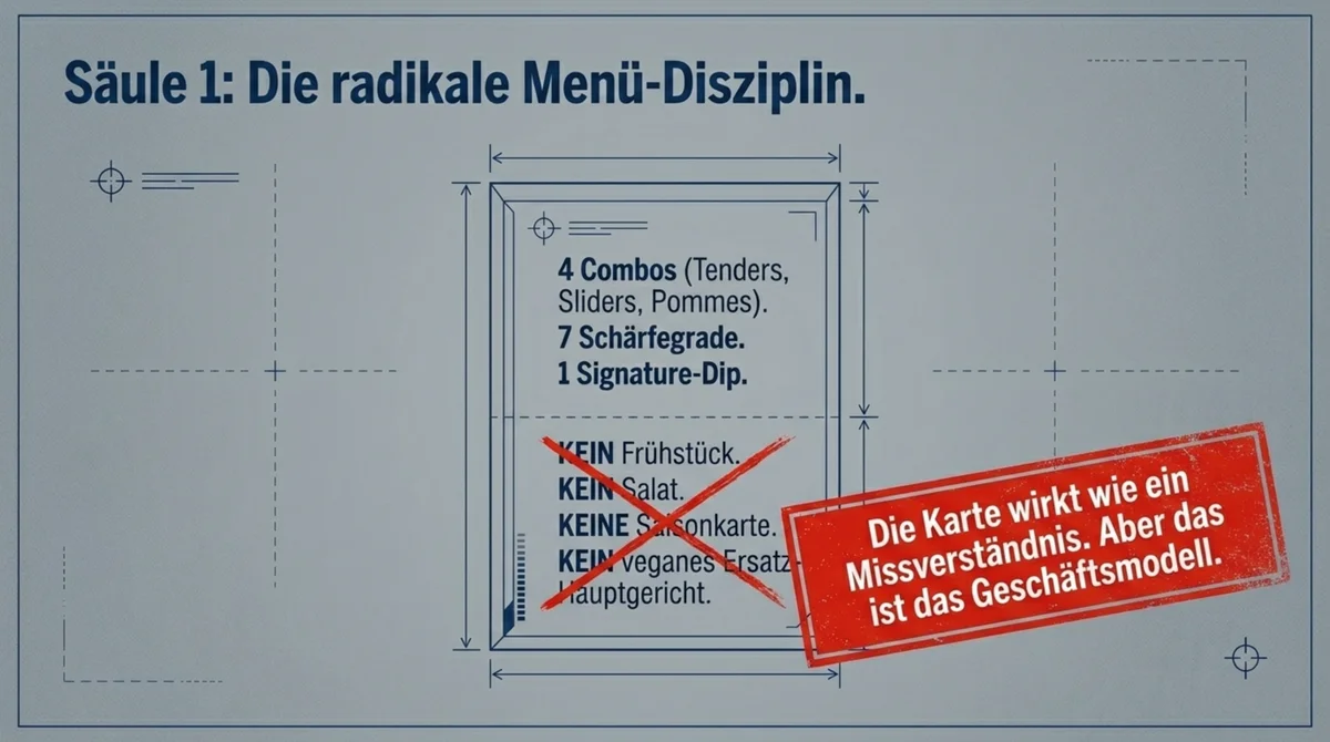 Dave's Hot Chicken Menü-Disziplin: 4 Combos, 7 Schärfegrade, 1 Signature-Dip – kein Frühstück, kein Salat, keine Saisonkarte