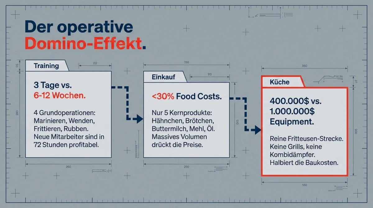 Dave's Hot Chicken operativer Domino-Effekt: 3 Tage Training statt 6–12 Wochen, unter 30 Prozent Food Cost, 400.000 USD Equipment statt 1 Mio.