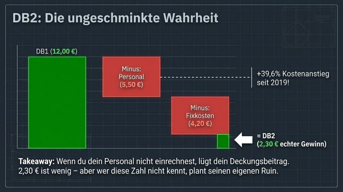 DB2 die ungeschminkte Wahrheit: DB1 von 12 Euro minus 5,50 Euro Personal minus 4,20 Euro Fixkosten gleich 2,30 Euro echter Gewinn