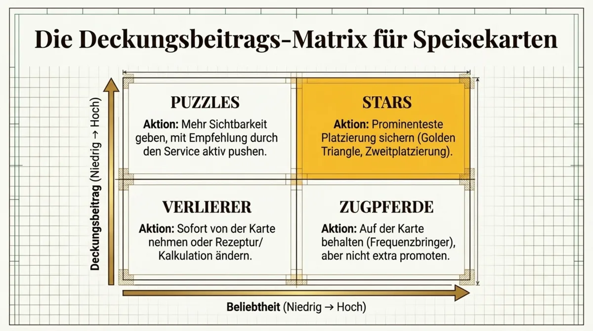 Deckungsbeitrags-Matrix für Speisekarten – Stars, Puzzles, Zugpferde und Verlierer