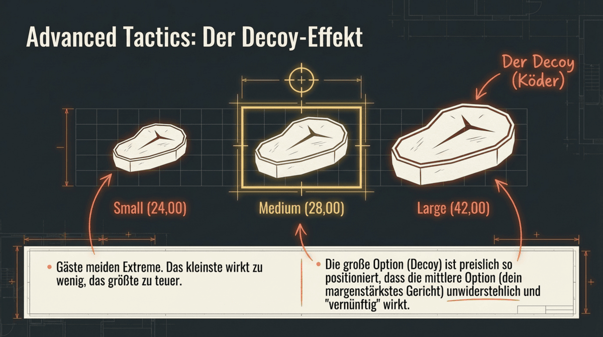 Der Decoy-Effekt auf der Speisekarte: Small Medium Large Preisgestaltung lenkt Gäste zur margenstärksten mittleren Option