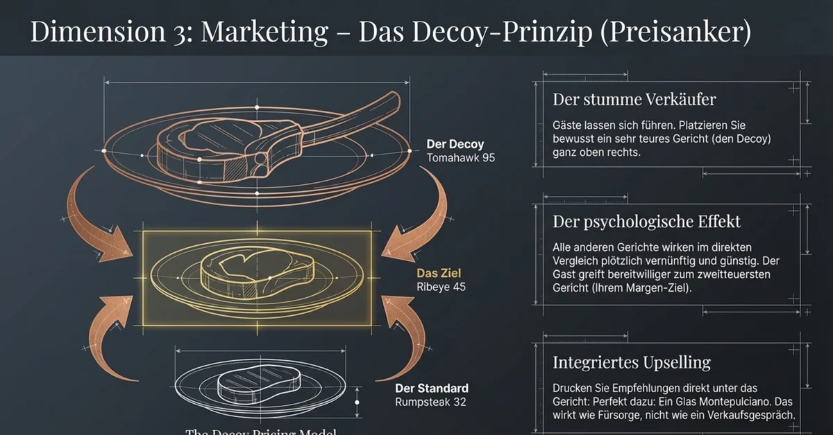 Das Decoy-Prinzip als Preisanker auf der Speisekarte: Premium-Gericht als Decoy setzt Anker, Zielgericht wirkt im Vergleich vernünftig