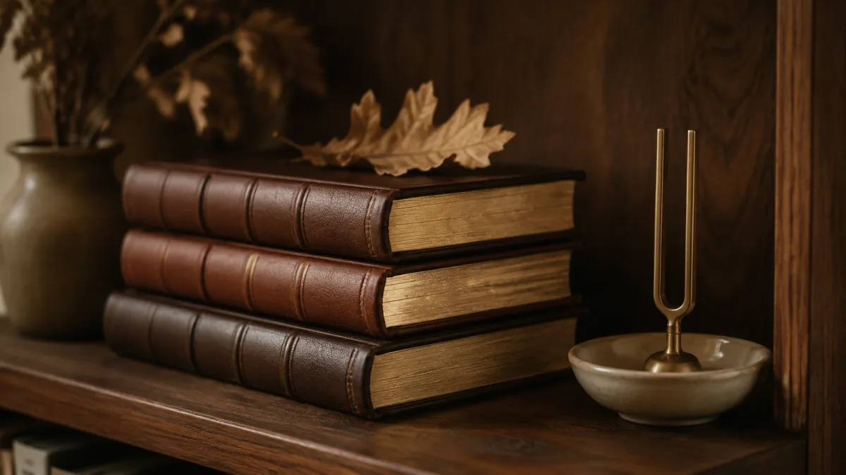 Drei geschlossene Lederbücher mit goldenem Schnitt und eine Messing-Stimmgabel als Anker für häufige Fragen zur Lieferstrategie