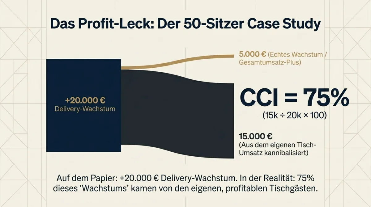 50-Sitzer Restaurant: CCI 75% - 20.000 Euro Delivery-Wachstum, davon 15.000 Euro aus eigenem Tisch-Umsatz