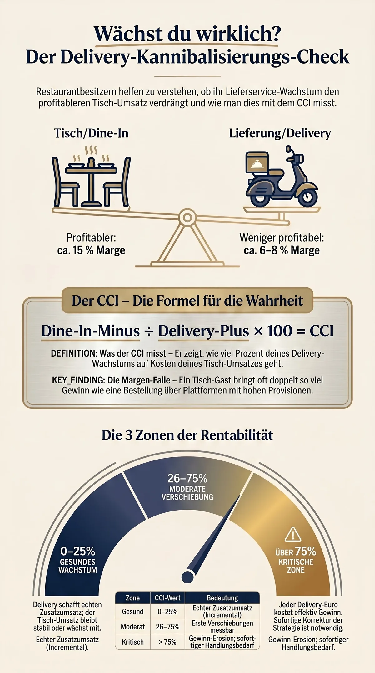 Delivery-Kannibalisierungs-Check: CCI-Formel, Tisch vs. Lieferung Profitabilitaet, 3 Rentabilitaetszonen