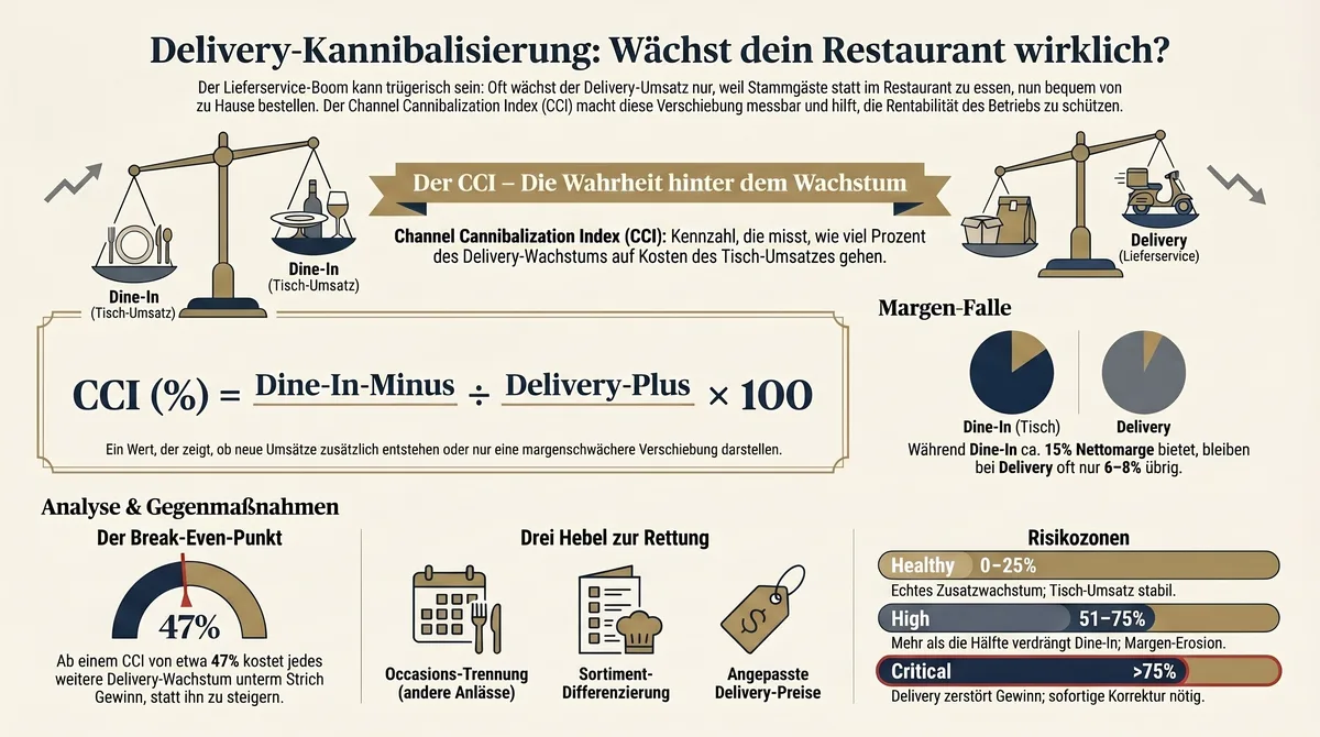 Infografik Delivery-Kannibalisierung: CCI-Formel, Margen-Falle, Break-Even 47% und 5 Risikozonen