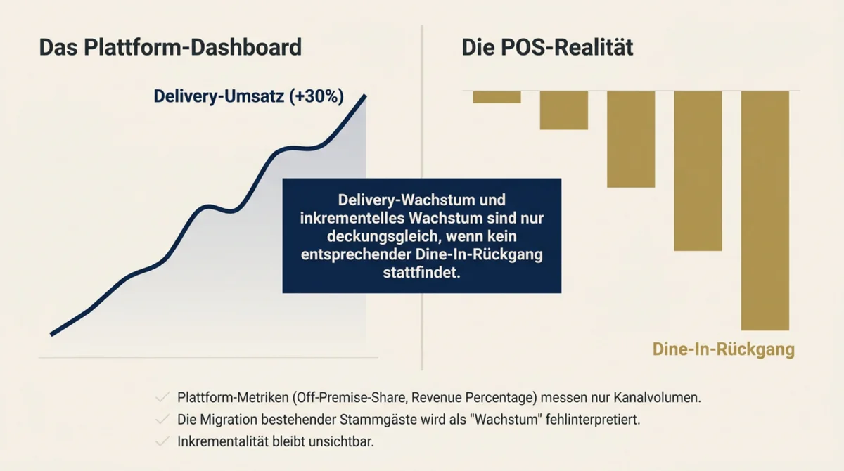Delivery-Plattform-Dashboard zeigt plus 30 Prozent Umsatzwachstum, POS-System zeigt gleichzeitigen Dine-In-Rückgang – die unsichtbare Inkrementalitätslücke im Kanal-Management