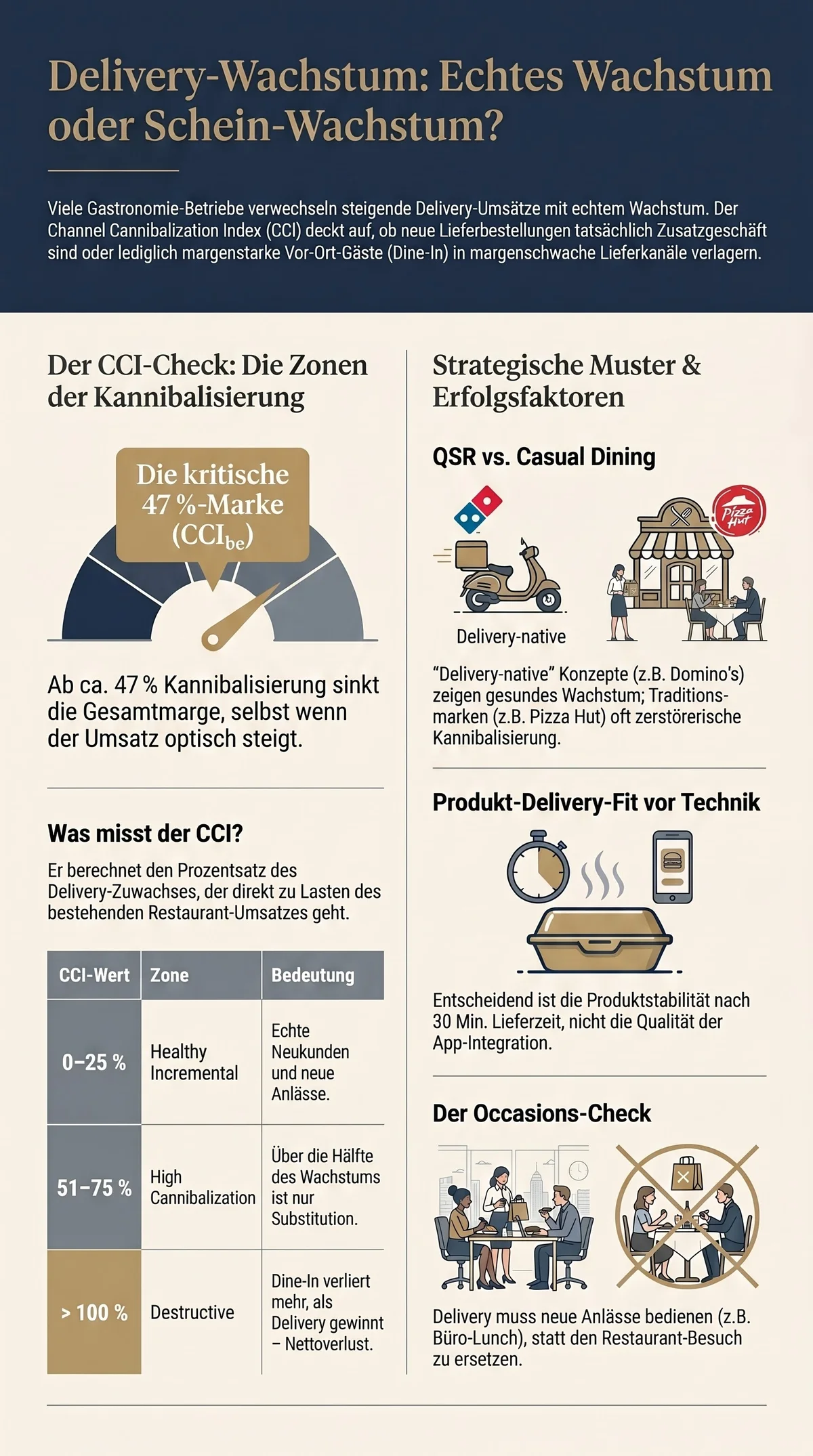 Delivery-Wachstum Infografik: Echtes Wachstum oder Schein-Wachstum – CCI-Check mit Kannibalisierungs-Zonen, QSR versus Casual-Dining-Muster, Produkt-Delivery-Fit und Occasions-Check als strukturelle Entscheidungsgrundlage