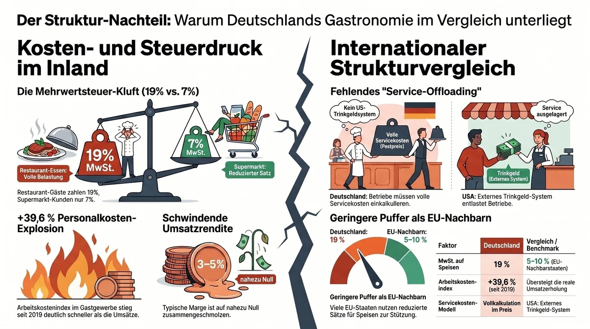 Struktur-Nachteil der deutschen Gastronomie im EU-Vergleich – fehlendes Trinkgeld-System, höherer Mindestlohn, Arbeitskostenindex plus 39,6 Prozent seit 2019