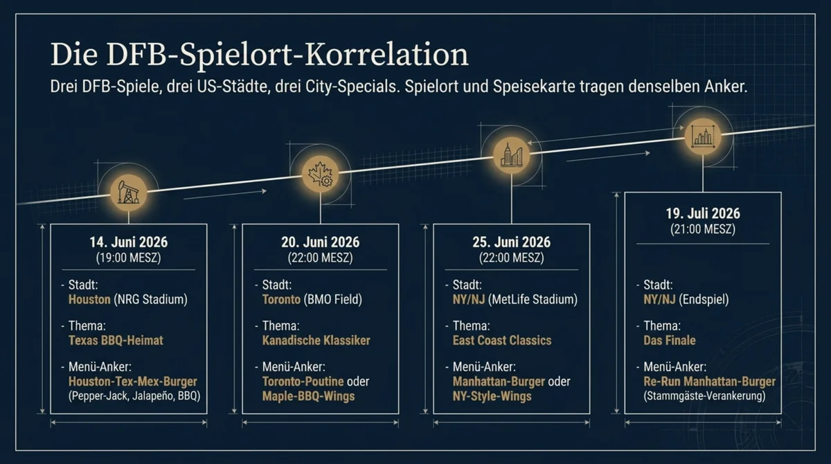 DFB-Spielort-Korrelation WM 2026 – Houston 14. Juni, Toronto 20. Juni, MetLife 25. Juni und Endspiel 19. Juli