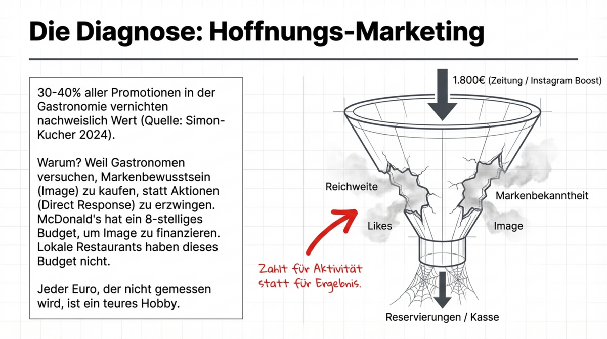 Die Diagnose Hoffnungs-Marketing: 1.800 Euro für Zeitungsanzeige, Budget fließt in Reichweite und Likes, aber Reservierungen und Kasse bleiben leer