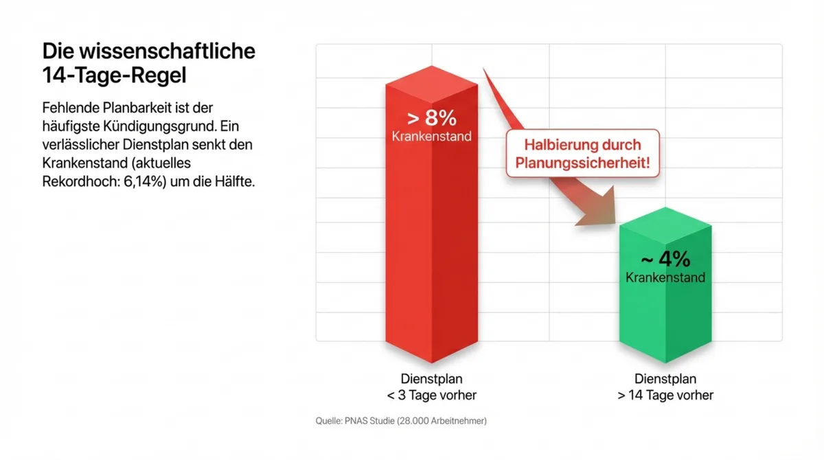 Die wissenschaftliche 14-Tage-Regel: Dienstplan unter 3 Tage vorher ergibt über 8 Prozent Krankenstand, über 14 Tage vorher nur circa 4 Prozent
