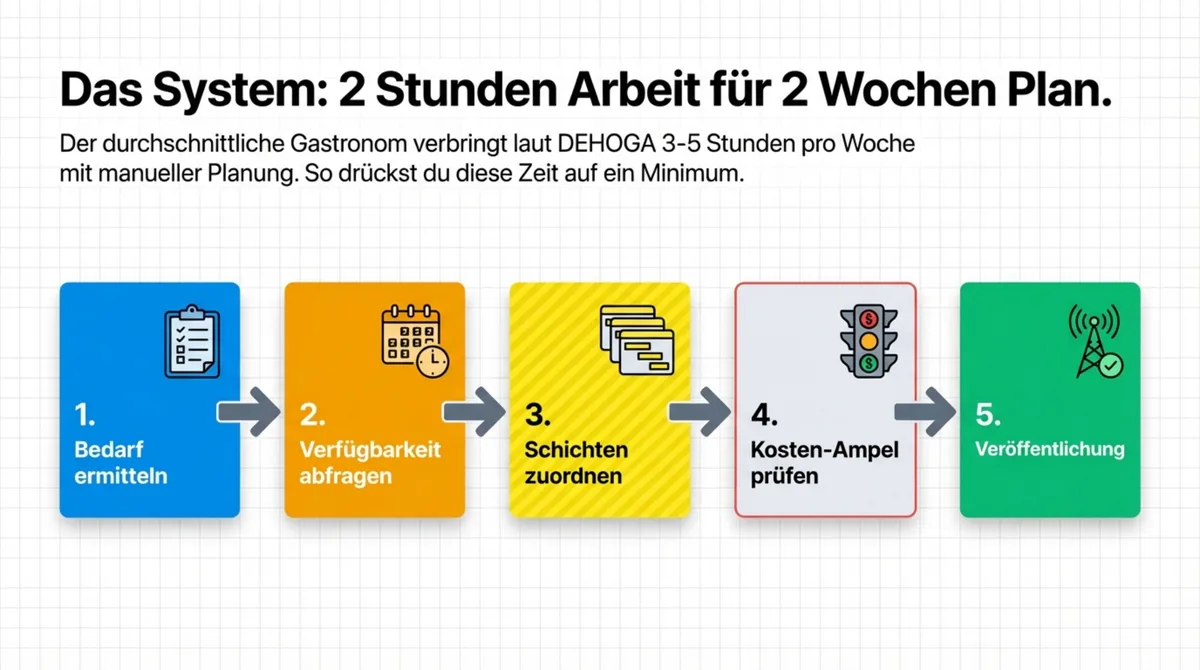 Das 5-Schritte-System: Bedarf ermitteln, Verfügbarkeit abfragen, Schichten zuordnen, Kosten-Ampel prüfen, Veröffentlichung — 2 Stunden für 2 Wochen