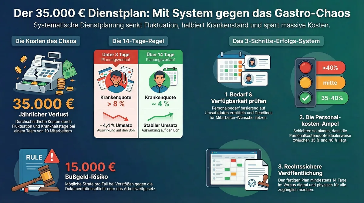 Der 35.000 Euro Dienstplan: Infografik mit Kosten des Chaos, 14-Tage-Regel und 3-Schritte-Erfolgs-System