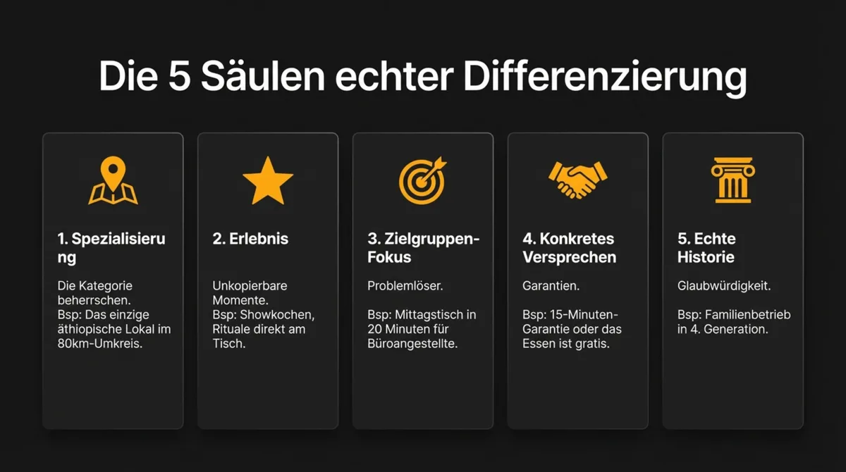 Die 5 Säulen echter Differenzierung im Restaurant: Spezialisierung, Erlebnis, Zielgruppen-Fokus, konkretes Versprechen und echte Geschichte