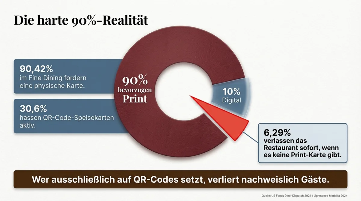 90 Prozent der Gäste bevorzugen eine gedruckte Speisekarte — nur 6 Prozent nutzen reine QR-Code-Systeme freiwillig, 6,3 Prozent verlassen das Restaurant sofort