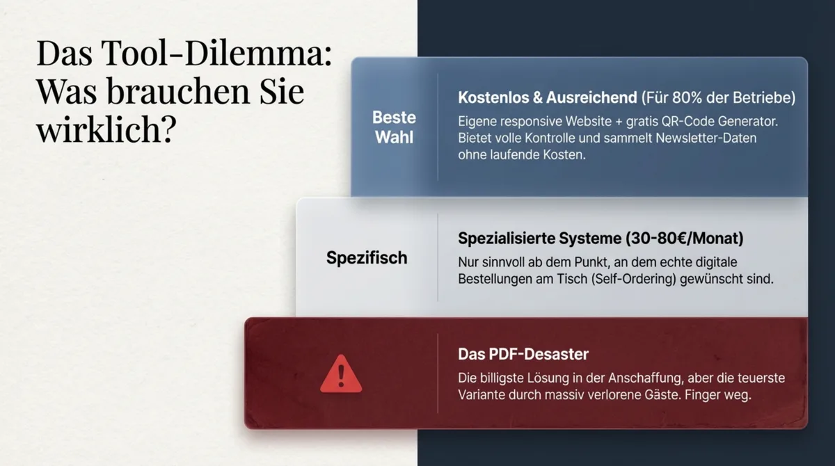Tool-Vergleich für digitale Speisekarten: Kostenlose Optionen wie Canva und Google Sites, spezialisierte Systeme, und warum PDF-Upload der schlechteste Weg ist