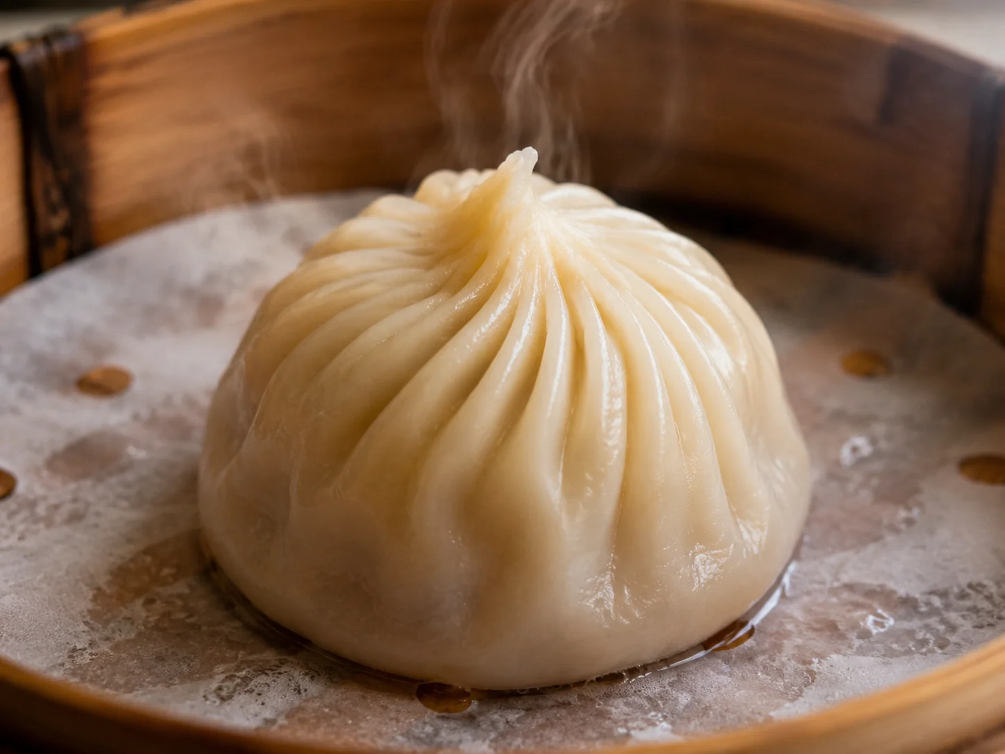 Xiao Long Bao Soup-Dumpling mit 18 sichtbaren Falten im Bambusdämpfer