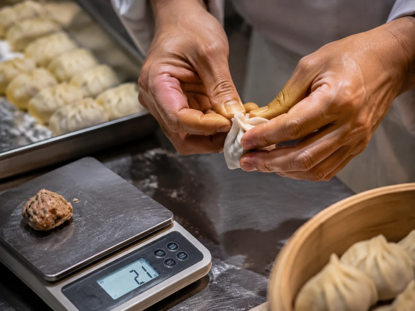 Hände falten präzise Dumpling-Teig mit 21-Gramm-Küchenwaage daneben