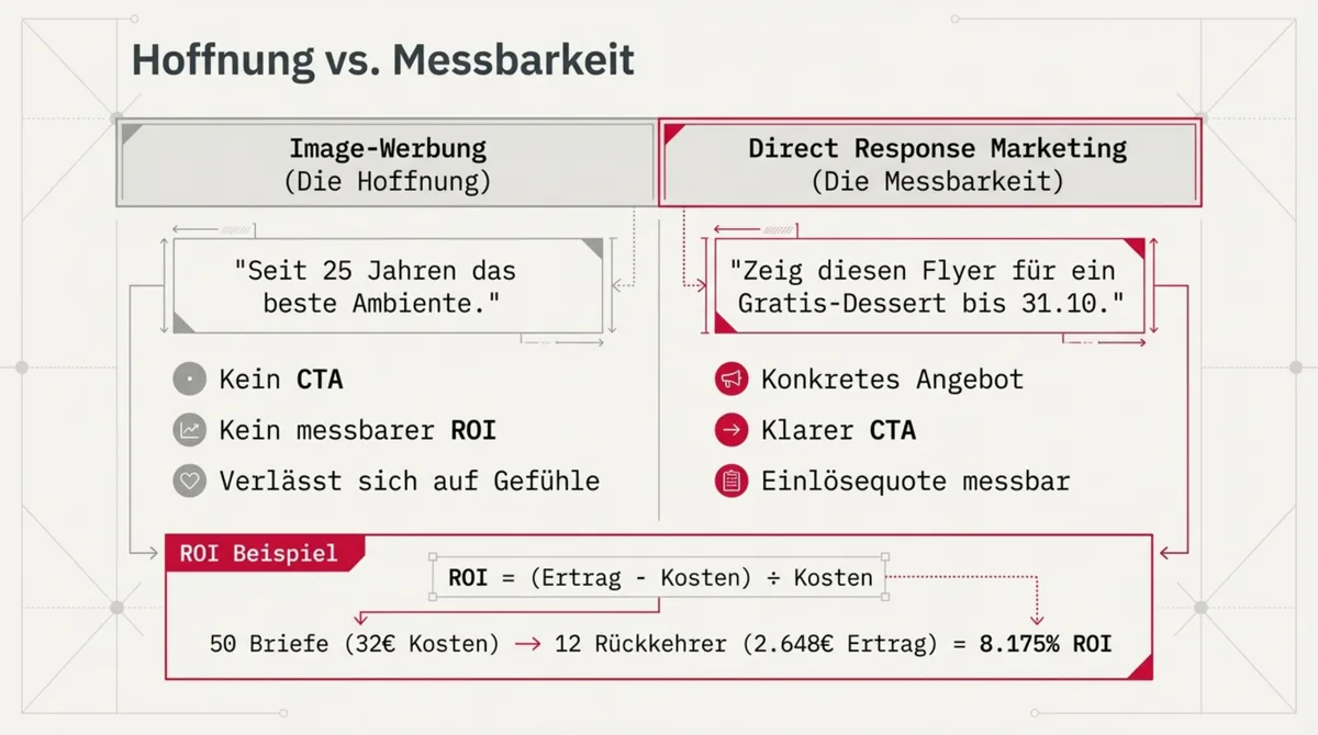 Direct Response Marketing vs Image-Werbung Restaurant: Messbarkeit gegen Hoffnung mit ROI Beispiel