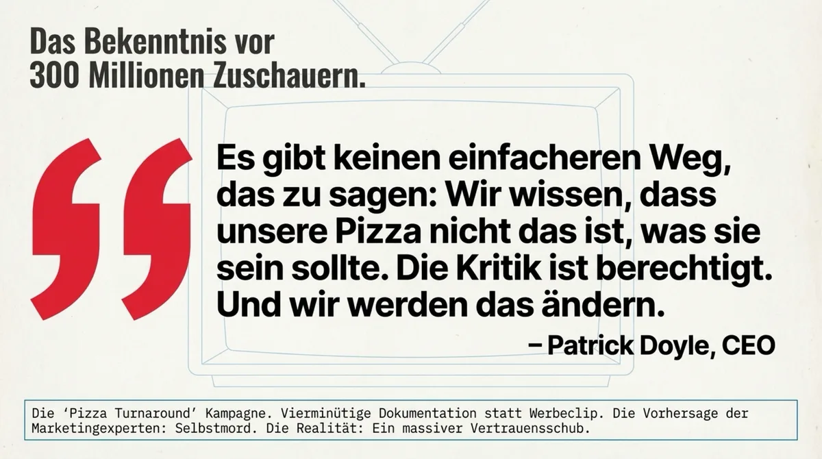 Dominos CEO Patrick Doyle vor 300 Millionen Zuschauern: Wir wissen dass unsere Pizza nicht das ist was sie sein sollte — die Kritik ist berechtigt