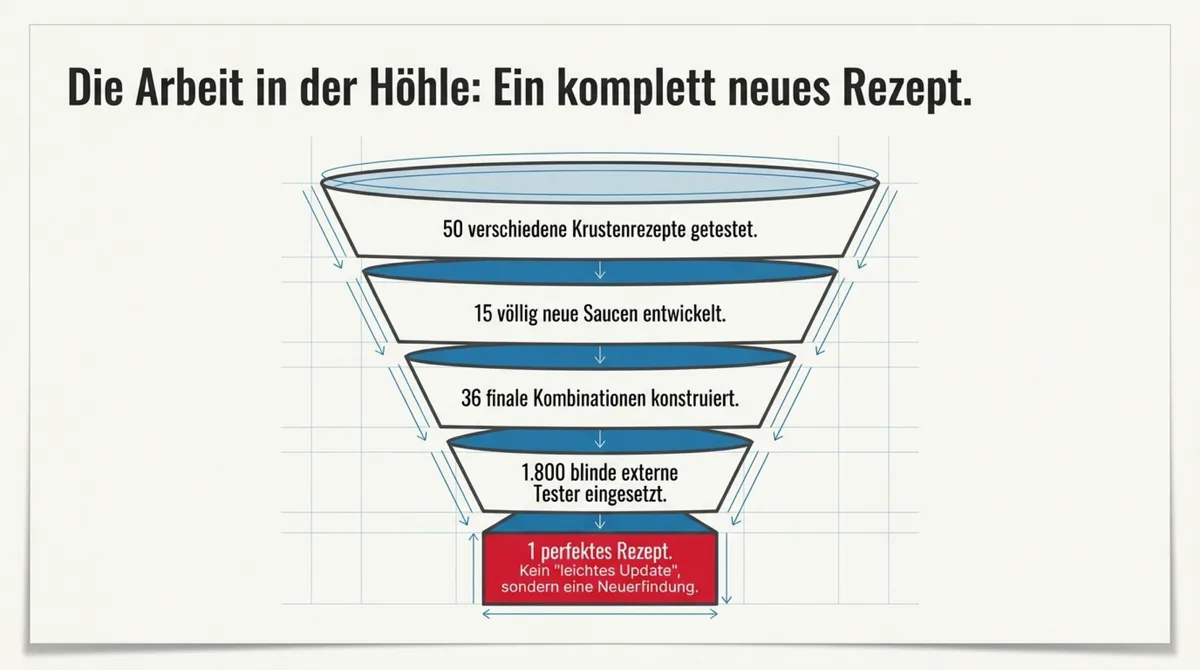 Dominos Rezept-Neuerfindung: 50 Krustenrezepte getestet, 15 neue Saucen entwickelt, 36 Kombinationen, 1.800 blinde Tester — ein komplett neues Rezept