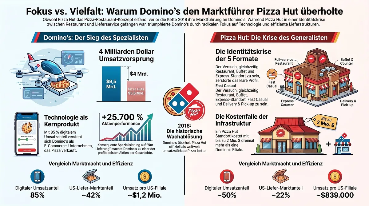 Infografik: Domino's vs. Pizza Hut – 4 Milliarden Dollar Umsatzvorsprung durch Spezialisierung und Technologiefokus