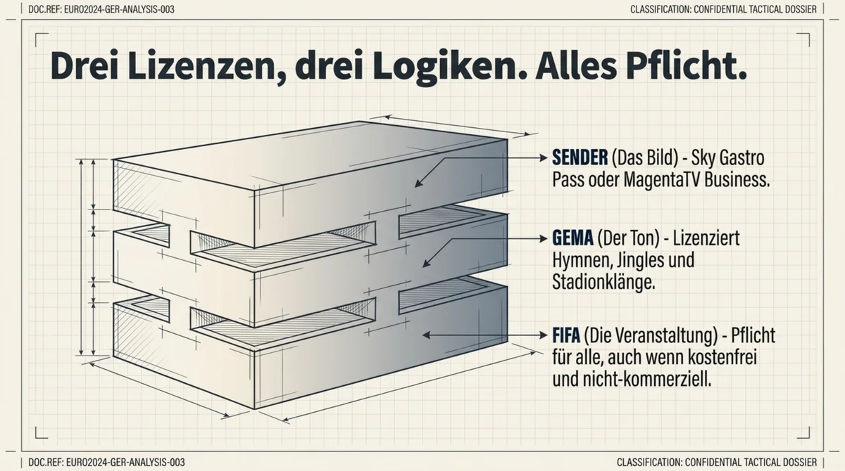 Public Viewing Restaurant: Drei Lizenzen drei Logiken – GEMA für Ton, Sky Gastro Pass für Bild, FIFA-Anmeldung für Veranstaltung alle Pflicht