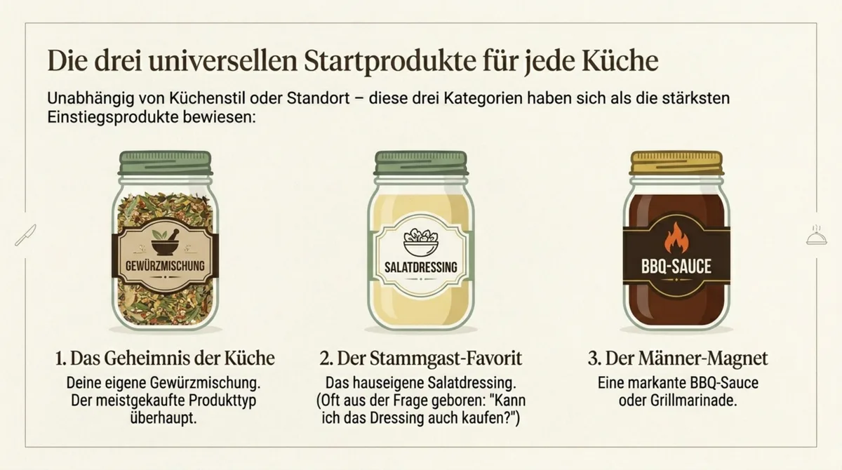 Drei universelle Startprodukte Restaurant Retail: Gewürzmischung, Salatdressing, BBQ-Sauce