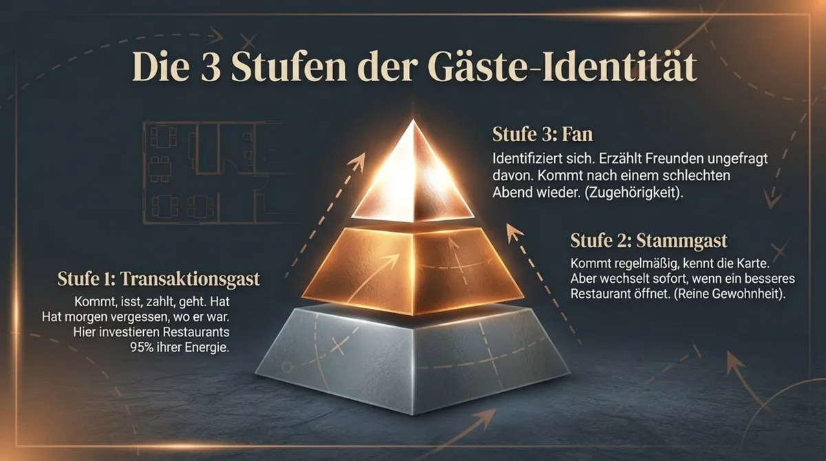Die 3 Stufen der Gäste-Identität: Transaktionsgast, Stammgast, Fan - Pyramide der Kundenbindung