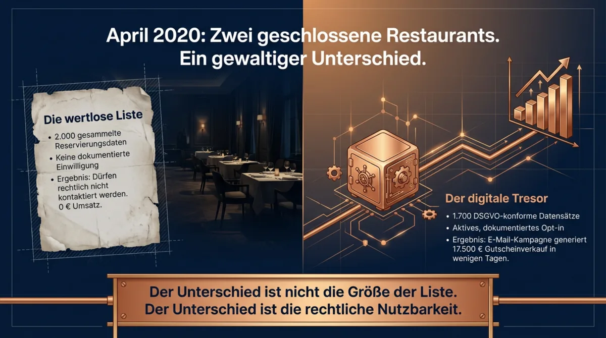 April 2020: Zwei geschlossene Restaurants — die wertlose Liste vs. der digitale Tresor mit 1.700 DSGVO-konformen Datensätzen