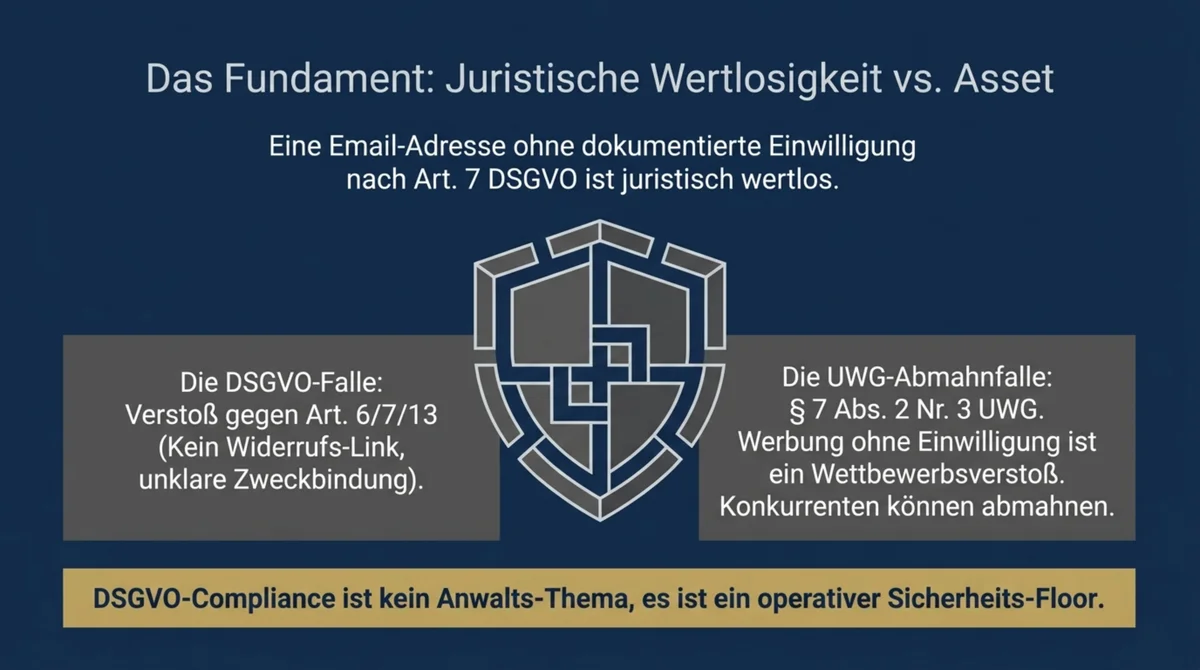 DSGVO-Compliance: Email-Adresse ohne dokumentierte Einwilligung nach Art. 7 DSGVO ist juristisch wertlos – Abmahngefahr durch Konkurrenten über UWG § 7 Abs. 2 Nr. 3