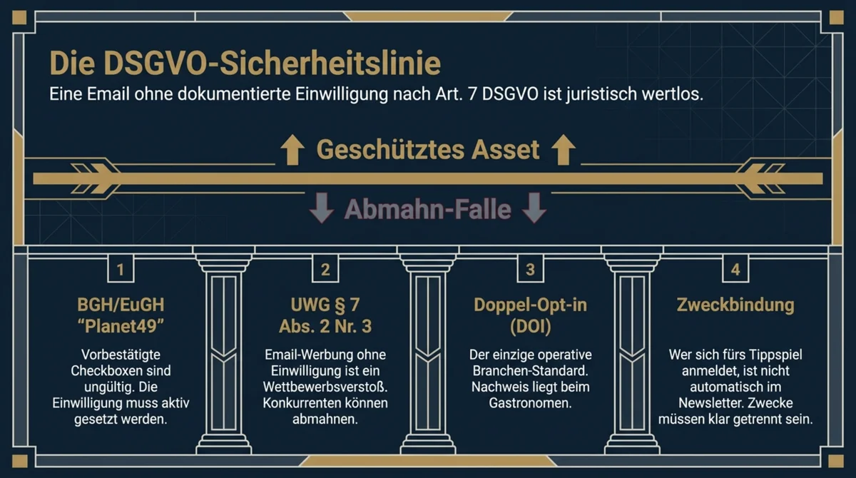 DSGVO-Sicherheitslinie für Restaurant-Email-Marketing: BGH Planet49, UWG § 7, Doppel-Opt-in und Zweckbindung als vier Säulen des rechtssicheren Daten-Capture