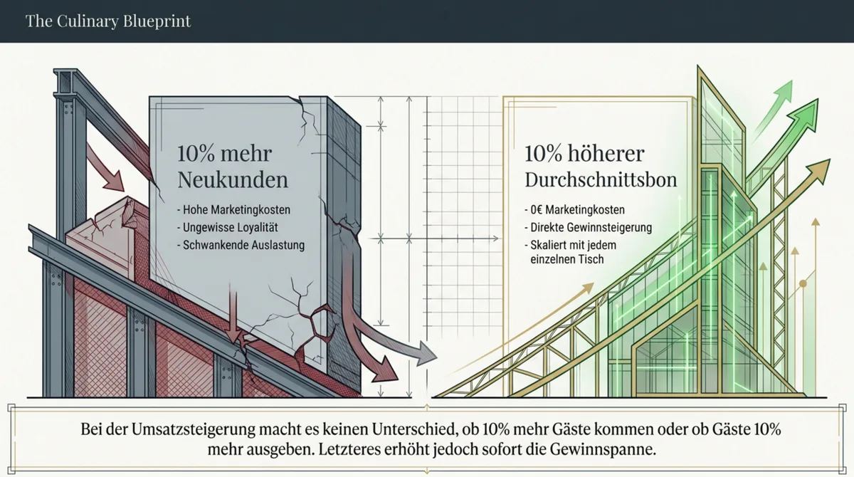 Vergleich: 10 % mehr Neukunden versus 10 % höherer Durchschnittsbon – Gewinneffekt im Restaurant