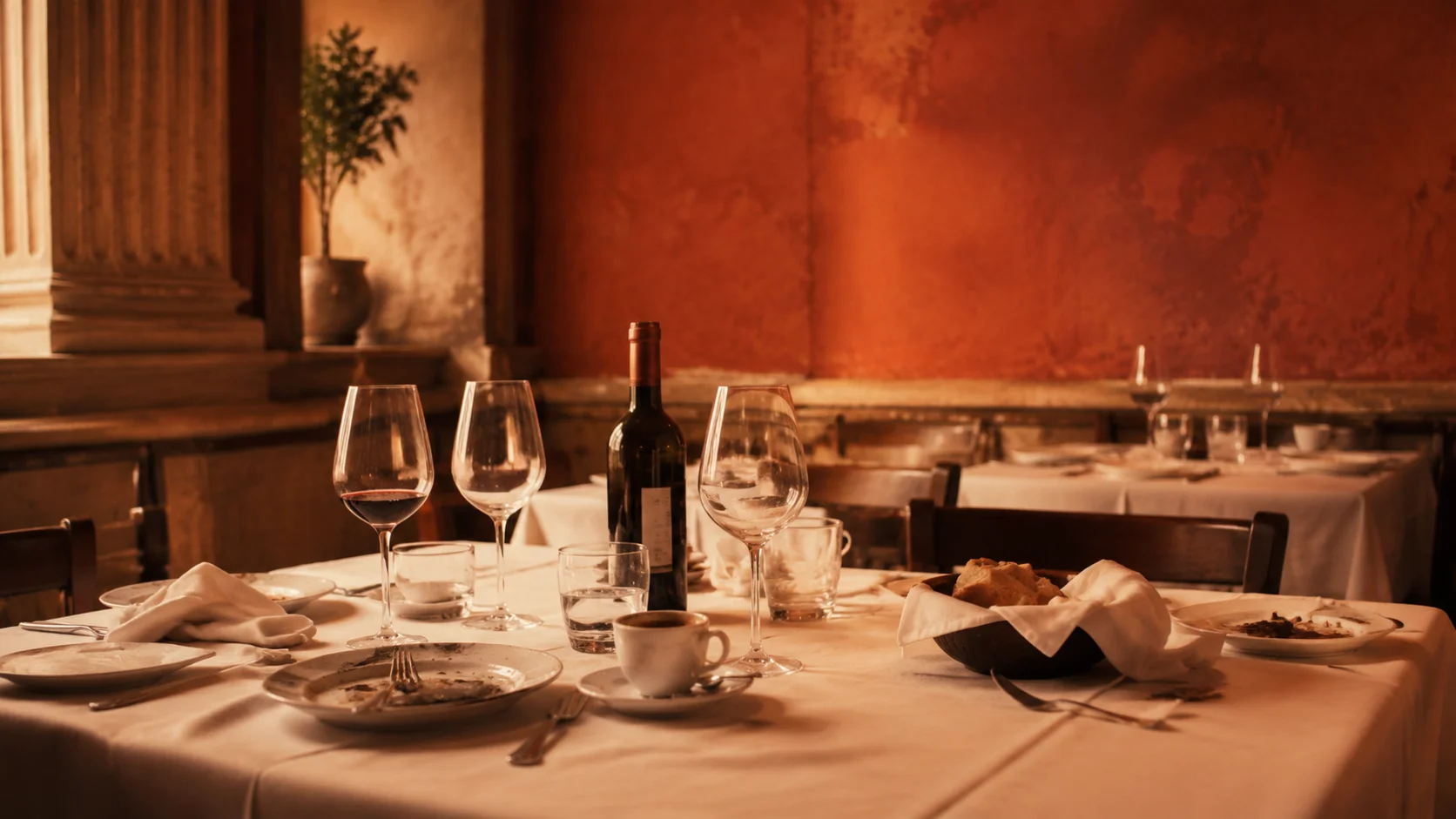 Leerer Premium-Italiener-Tisch nach Service – Symbol für das Touristen-Stop-Problem in Premium-Gastronomie