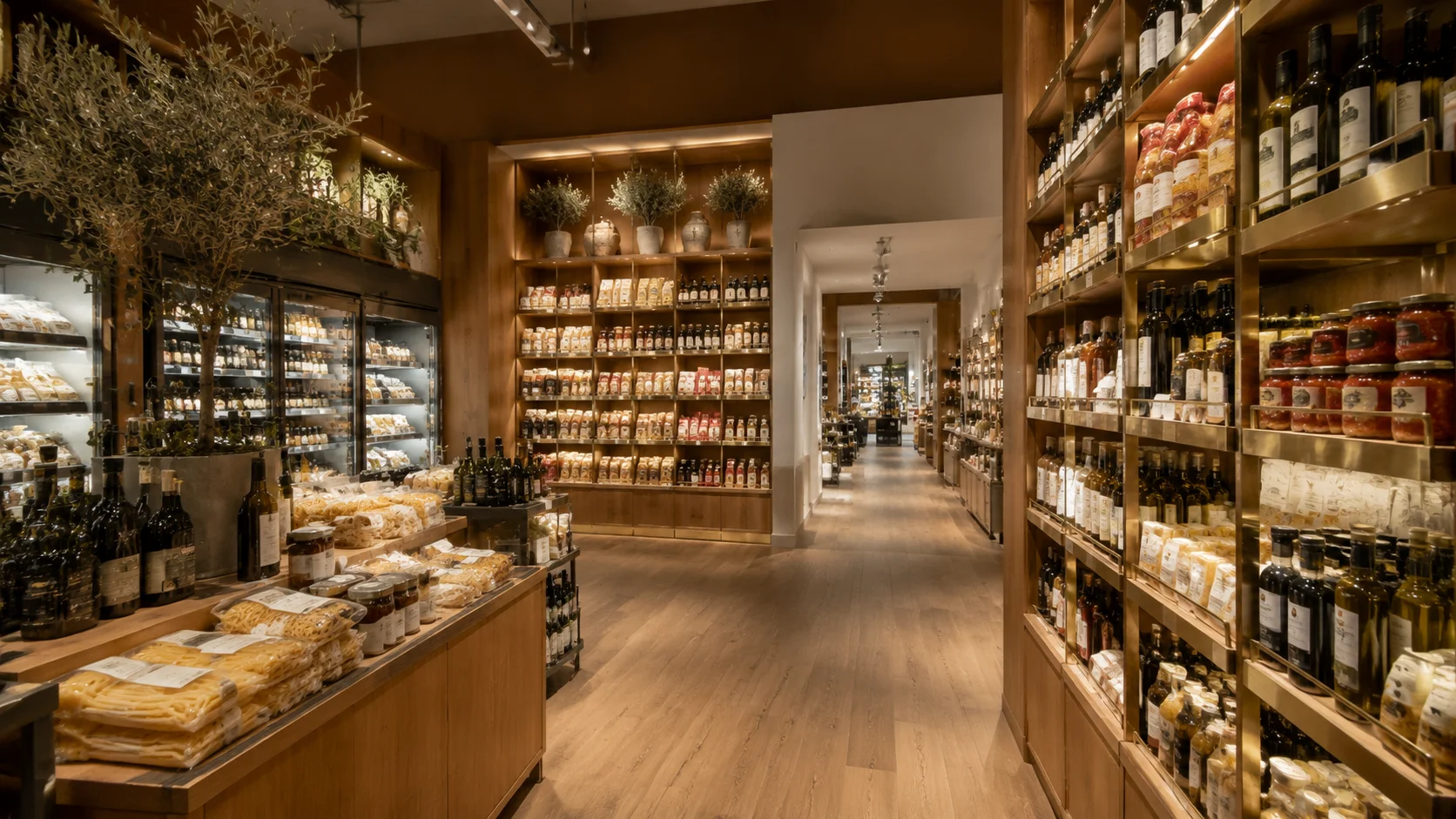 Eataly Flagship Innenansicht mit Holzregalen voller Olivenöl, Pasta und Konserven – Cross-Sell zwischen Restaurant und Retail