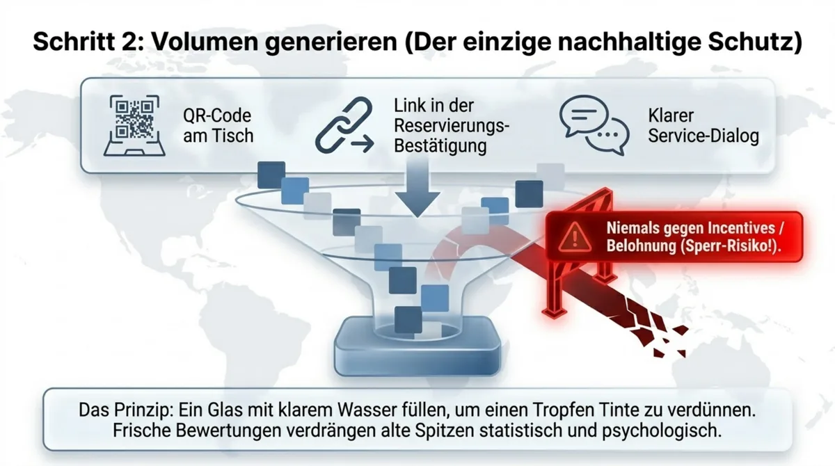 Volumen-Strategie zum Schutz vor Google-Maps-Lösch-Hinweis: QR-Code am Tisch, Link in der Reservierungs-Bestätigung und klarer Service-Dialog erzeugen frische echte Bewertungen, niemals gegen Incentives oder Belohnung