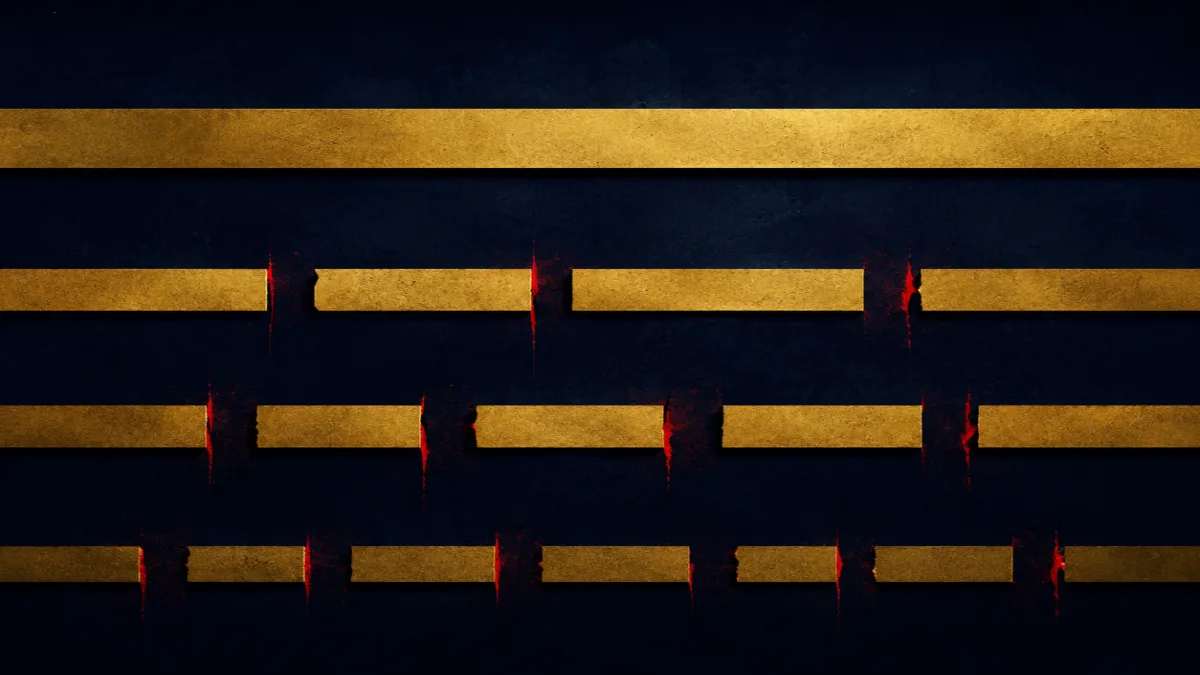 Vier horizontale Eigentümer-Balken in Navy und Gold, drei zerbrochen mit roten Bruchlinien (PE-Karussell), einer durchgehend gold (Block House als Counter-Case) – abstrakte Intelligence-Timeline-Metapher