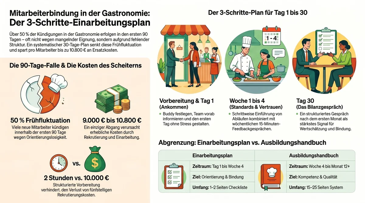 Einarbeitungsplan Gastronomie Infografik – Mitarbeiterbindung durch strukturiertes Onboarding: 50% Frühfluktuation, 9.000 bis 10.800 EUR Kosten pro Abgang, 2 Stunden Vorbereitung vs. 10.000 EUR Verlust