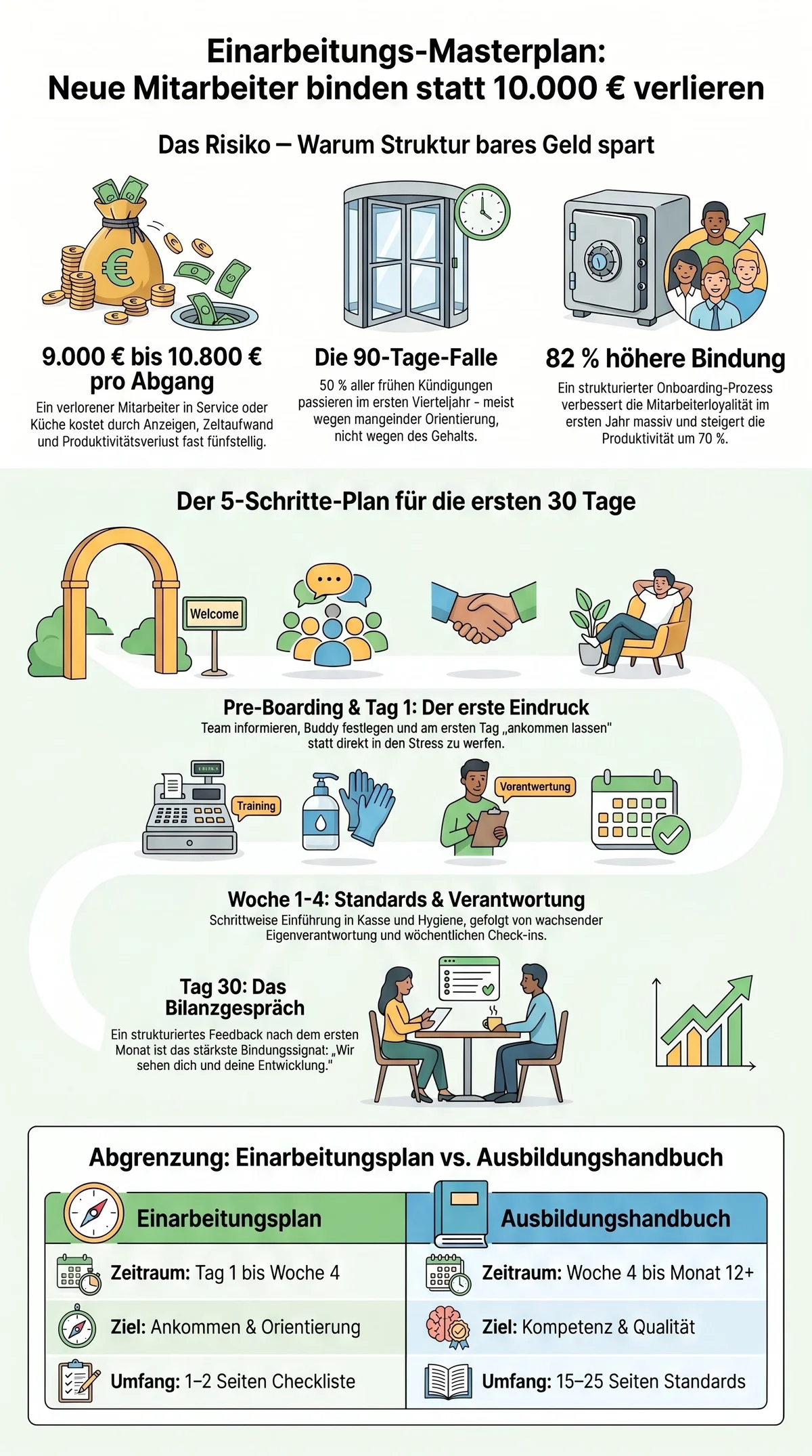 Einarbeitungsplan vs. Ausbildungshandbuch Gastronomie – vollständige Infografik: 5-Schritte-Masterplan, Kosten der Fluktuation, Vergleichstabelle Zeitraum Ziel Umfang Nutzer