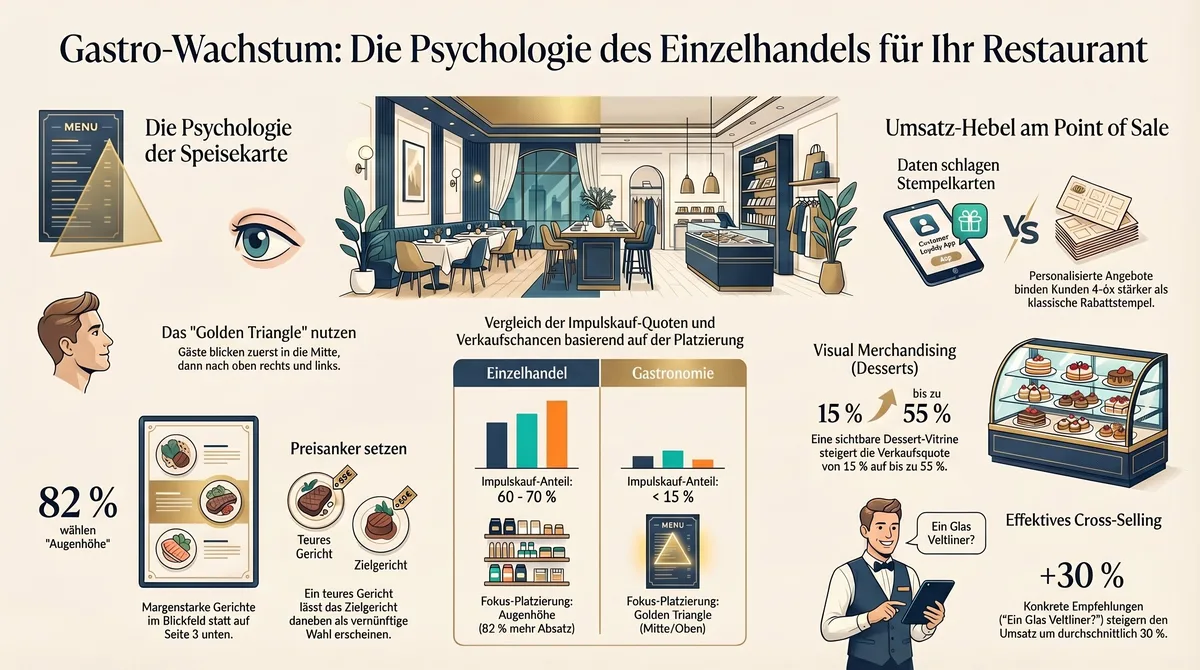 Infografik: Gastro-Wachstum durch Psychologie des Einzelhandels – Golden Triangle, Impulskauf, Visual Merchandising