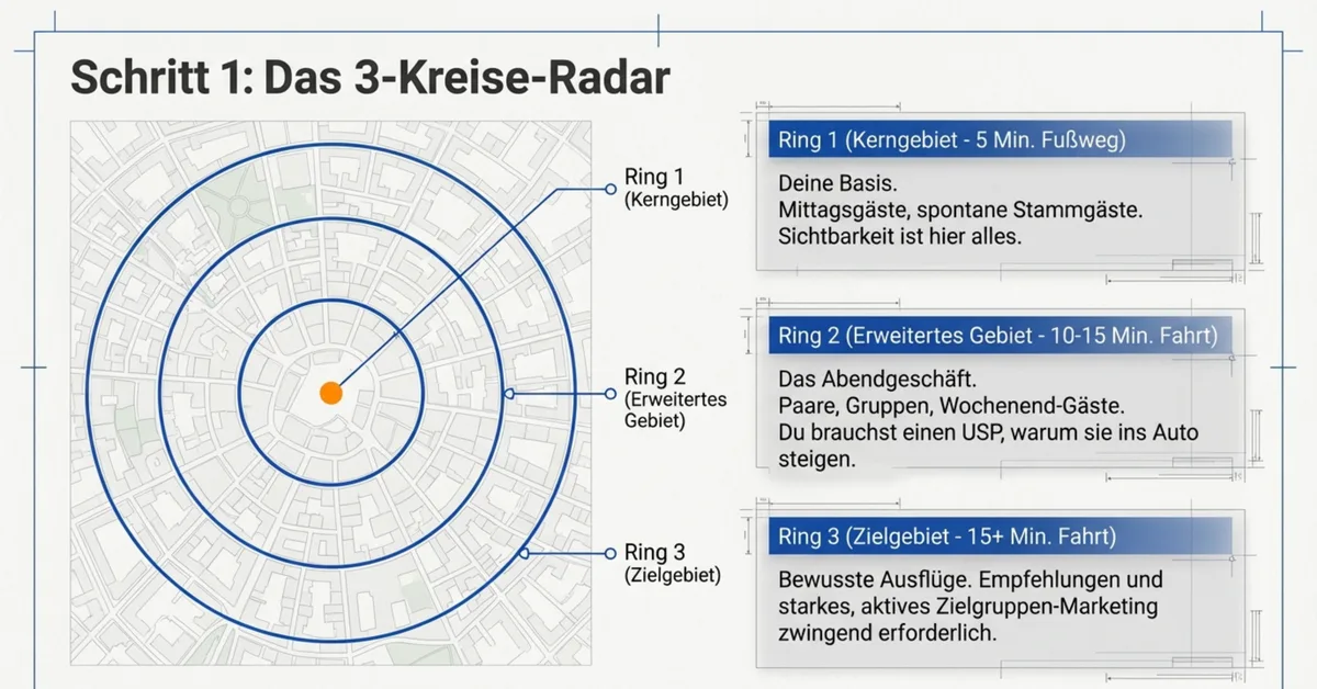Schritt 1 der Standortanalyse: Das 3-Kreise-Radar zeigt Kerngebiet, erweitertes Gebiet und Zielgebiet eines Restaurants