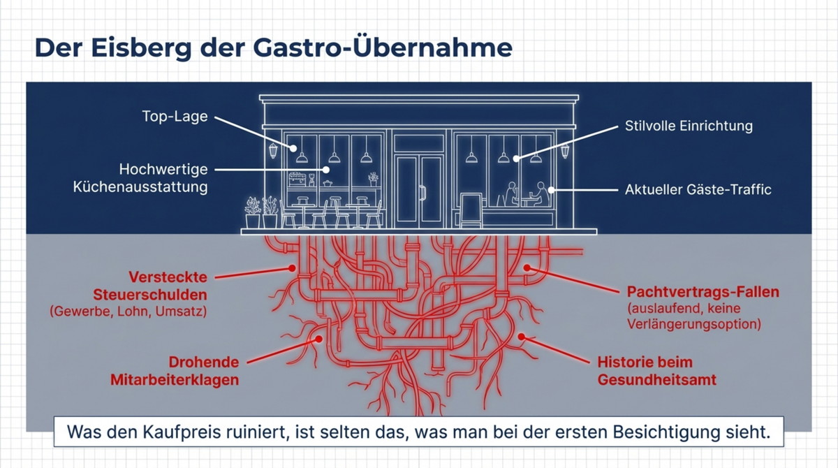 Der Eisberg der Gastro-Übernahme: Oben Top-Lage und Einrichtung, unter der Oberfläche versteckte Steuerschulden, Pachtvertrags-Fallen und Mitarbeiterklagen