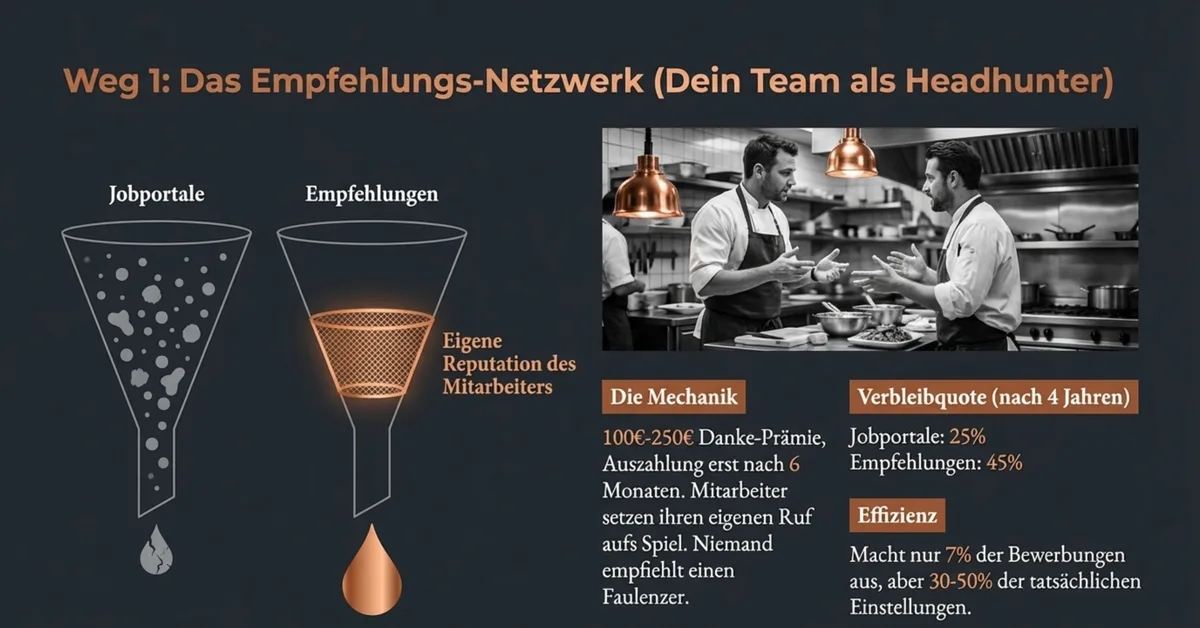 Weg 1: Empfehlungs-Netzwerk im Restaurant – Team als Headhunter, 45% Verbleibquote nach 4 Jahren vs. 25% bei Jobportalen
