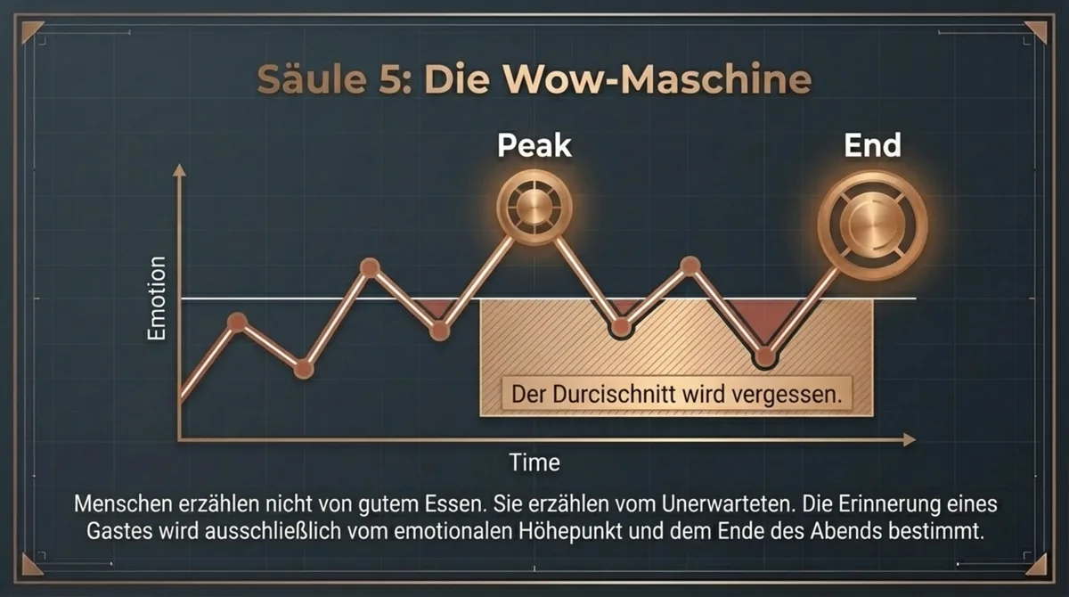 Die Wow-Maschine: Peak-End-Rule nutzen — Menschen erzählen nur das Unerwartete weiter, nicht gutes Essen sondern Überraschungen die Erwartungen übertreffen