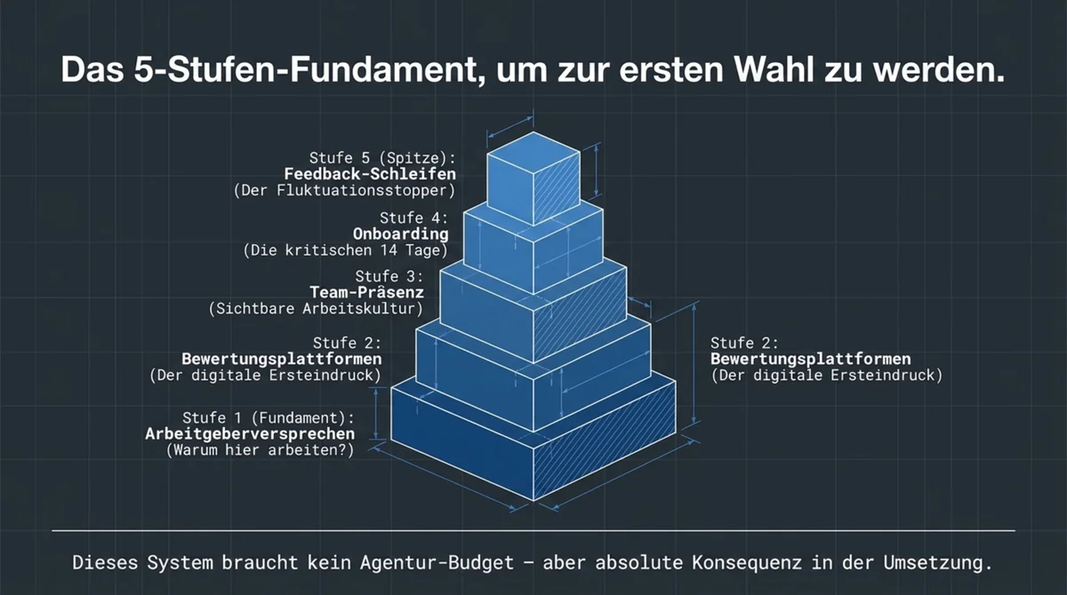 Employer Branding 5-Stufen-Fundament für inhabergeführte Restaurants: Arbeitgeberversprechen, Bewertungsplattformen, Team-Präsenz Social Media, Onboarding, Feedback-Schleifen