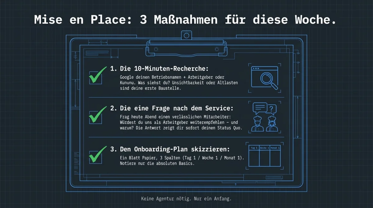 Employer Branding Maßnahmen diese Woche für Restaurants: 10-Minuten-Recherche Kununu, eine Frage nach dem Service, Onboarding-Plan skizzieren
